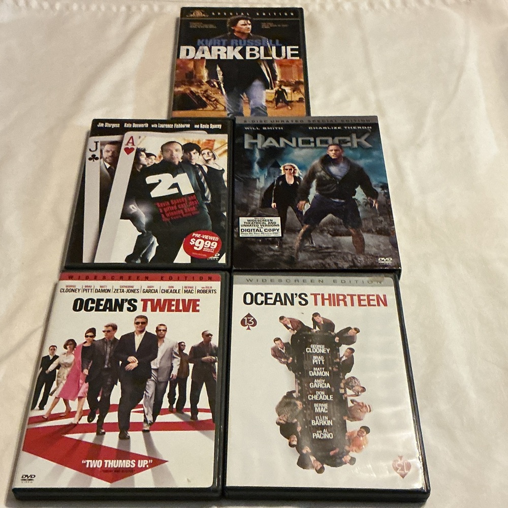 5 Mixed DVD Lot - Dark Blue, 21, Hancock, Ocean's Twelve & Ocean's Thirteen
